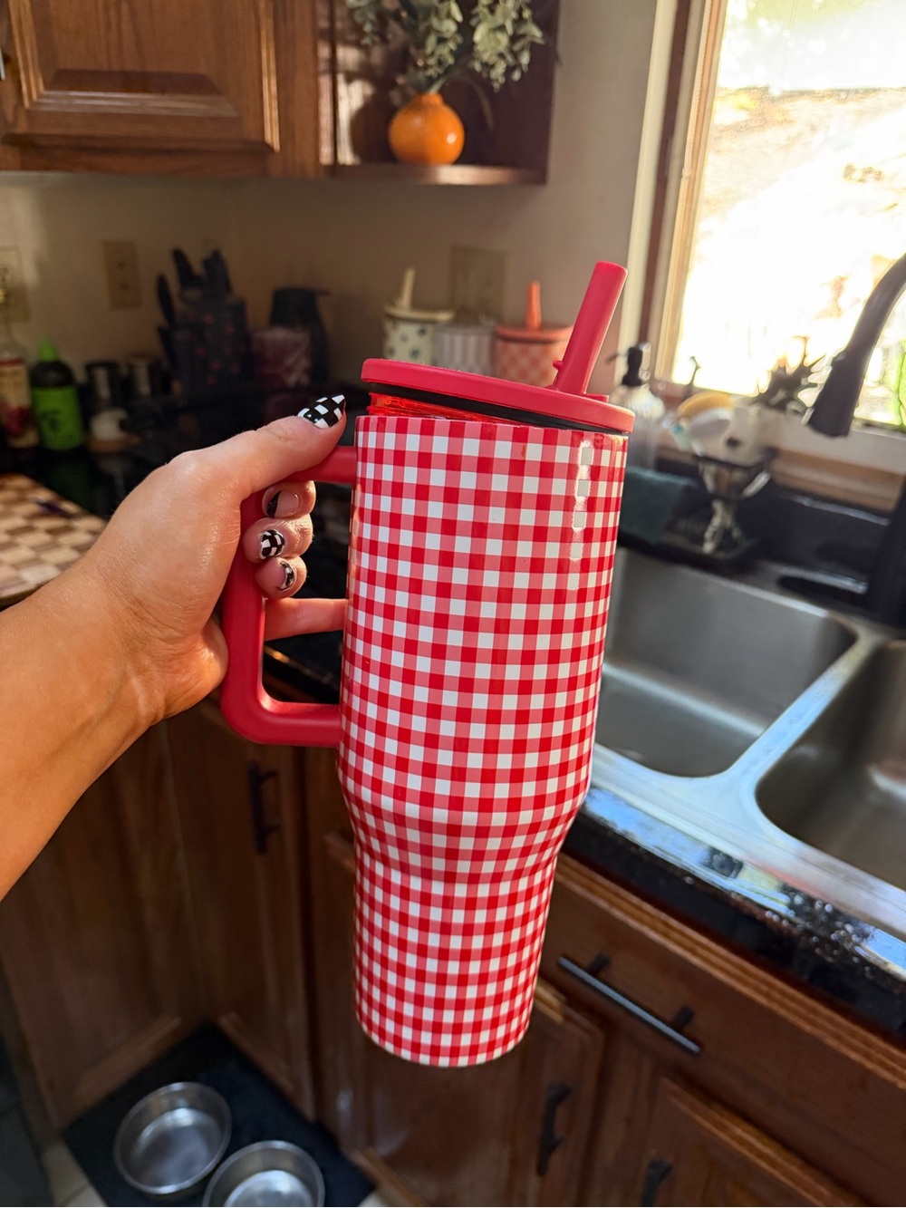 Red Gingham Insulated Travel Tumbler with Handle and Straw